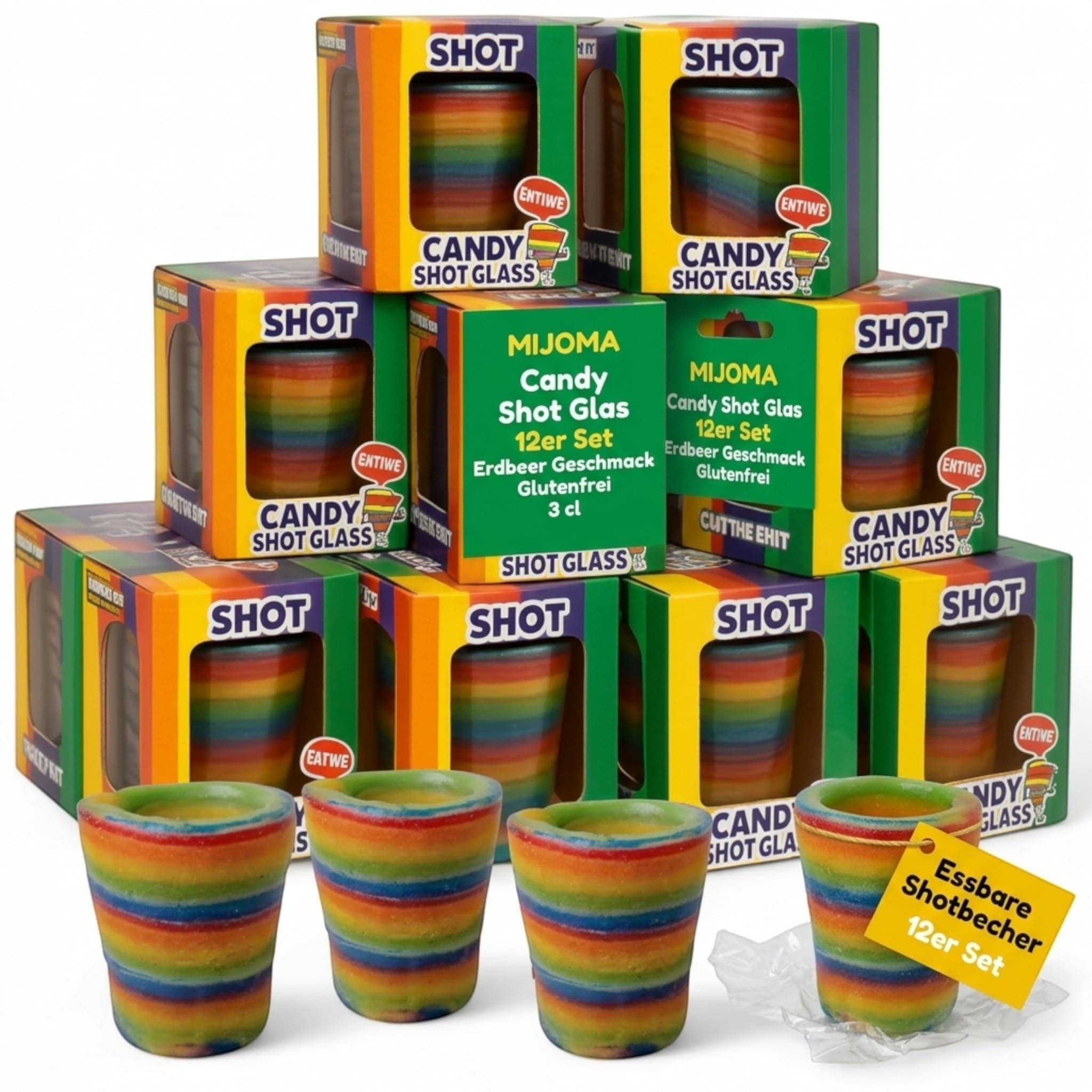 MIJOMA Candy Shotgläser 12er Set 3 cl – essbare Erdbeer Zuckerbecher – glutenfrei in Regenbogenoptik für Party, Dessert, Geburtstag und Festival Angebot bei HelloDeals
