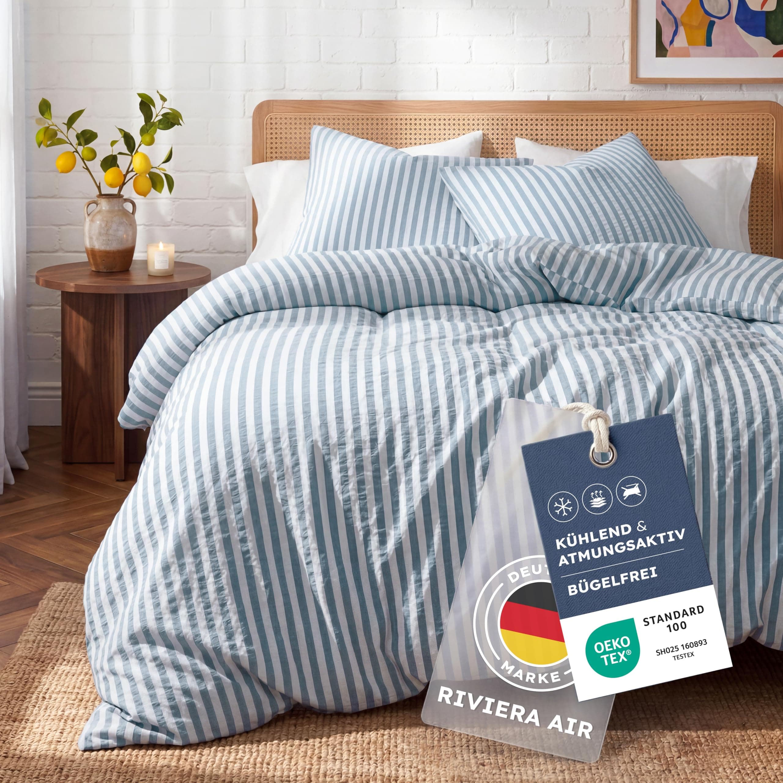 Blumtal Premium Seersucker Bettwäsche 135x200 cm + 80x80cm - Oeko-TEX zert. Bettwäsche Baumwolle luftig Leichter Viskose-Baumwoll-Mix 50/50 - Sommerbettwäsche 135x200 sanft & kühlend Blau 135x200cm + 80x80cm Angebot bei HelloDeals