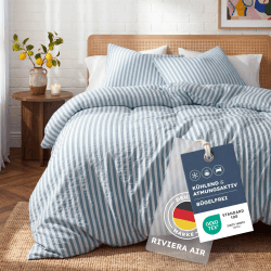 Blumtal Premium Seersucker Bettwäsche 135x200 cm + 80x80cm - Oeko-TEX zert. Bettwäsche Baumwolle luftig Leichter Viskose-Baumwoll-Mix 50/50 - Sommerbettwäsche 135x200 sanft & kühlend Blau 135x200cm + 80x80cm Angebot bei HelloDeals