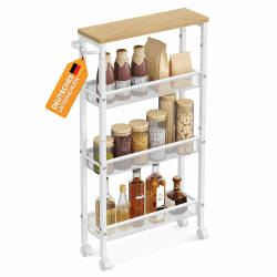 VASAGLE Rollwagen 4 Ebenen, Küchenwagen schmal, Nischenregal auf Rollen, Stahl, Griff, für kleine Räume, 13 x 45,4 x 77 cm, Küche, Bad, Wohnzimmer, Arbeitszimmer, eichenfarben-weiß LRC032W09 Eichenfarben + Weiß 4 Ebenen (13 x 45,4 x 77 cm) Angebot bei HelloDeals