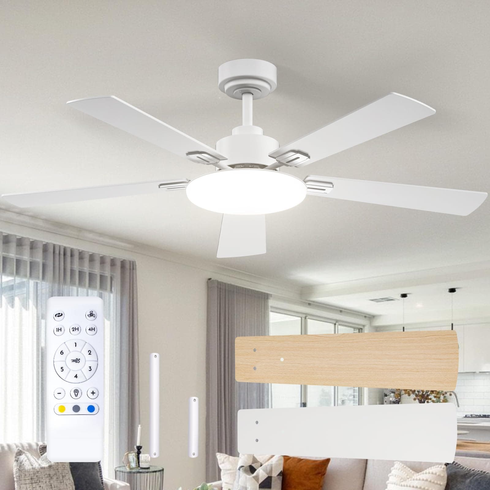 Passky 132cm Deckenventilator mit Beleuchtung und Fernbedienung, Leiser DC-Motor, 5 Flügeln, 6 Geschwindigkeiten, 3 Farbtemperaturen, Timer, Winter-Sommer Funktion für Schlafzimmer, Weiß Weiß Stange-132 cm Angebot bei HelloDeals