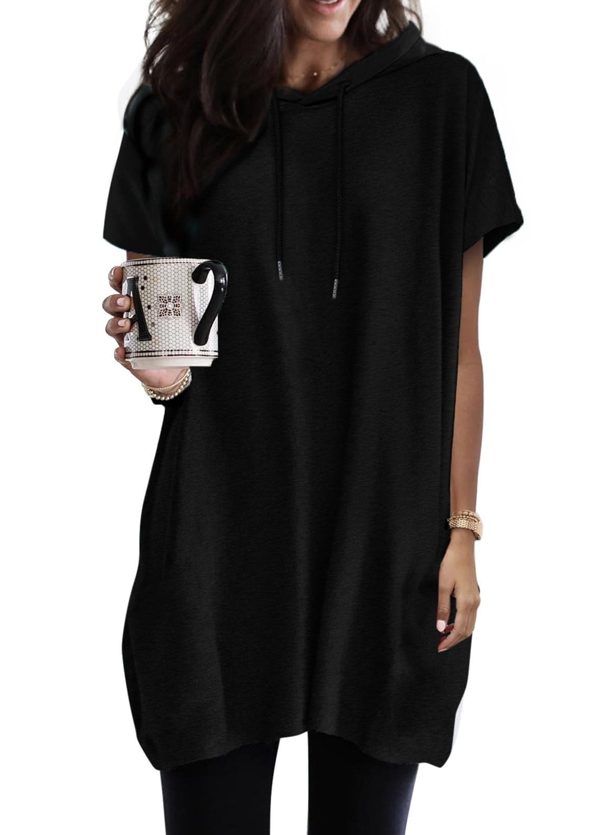 Dokotoo Kapuzenpullover Damen Hoodie Oversize T-Shirts Sommer Oberteile Kurzarm mit Kapuze Pullover Sweatshirt Tops Lässig Einfarbig Tshirts Oberteil S-XXL XXL Schwarz Angebot bei HelloDeals
