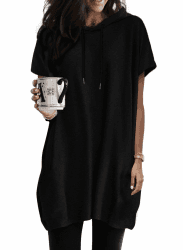 Dokotoo Kapuzenpullover Damen Hoodie Oversize T-Shirts Sommer Oberteile Kurzarm mit Kapuze Pullover Sweatshirt Tops Lässig Einfarbig Tshirts Oberteil S-XXL XXL Schwarz Angebot bei HelloDeals