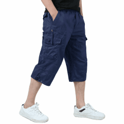 KEFITEVD 3/4 Hose Herren Cargo Shorts Männer Bermuda Shorts Multi Taschen Sommer Kurze Hose Baumwolle Arbeitshose Gummibund Lässig Marineblau 40 Angebot bei HelloDeals