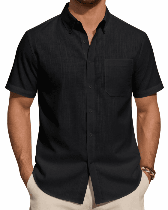J.VER Leinenhemd Herren Kurzarm Hemd Sommer Freizeithemden Herren Casual Beach Shirts Regular Fit Männer Leinen Hemd Button Down Basic Men Shirts mit Brusttasche 3XL Schwarz Angebot bei HelloDeals
