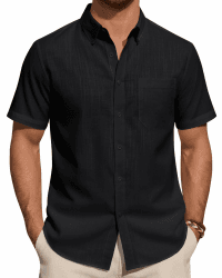 J.VER Leinenhemd Herren Kurzarm Hemd Sommer Freizeithemden Herren Casual Beach Shirts Regular Fit Männer Leinen Hemd Button Down Basic Men Shirts mit Brusttasche 3XL Schwarz Angebot bei HelloDeals
