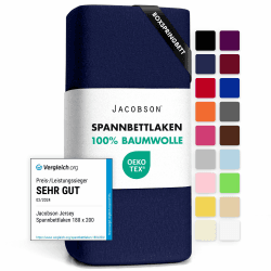 Jacobson Jersey Spannbettlaken Spannbetttuch Baumwolle Bettlaken (180x200-200x220 cm, Dunkelblau) 180x200 - 200x220 cm Dunkelblau Angebot bei HelloDeals