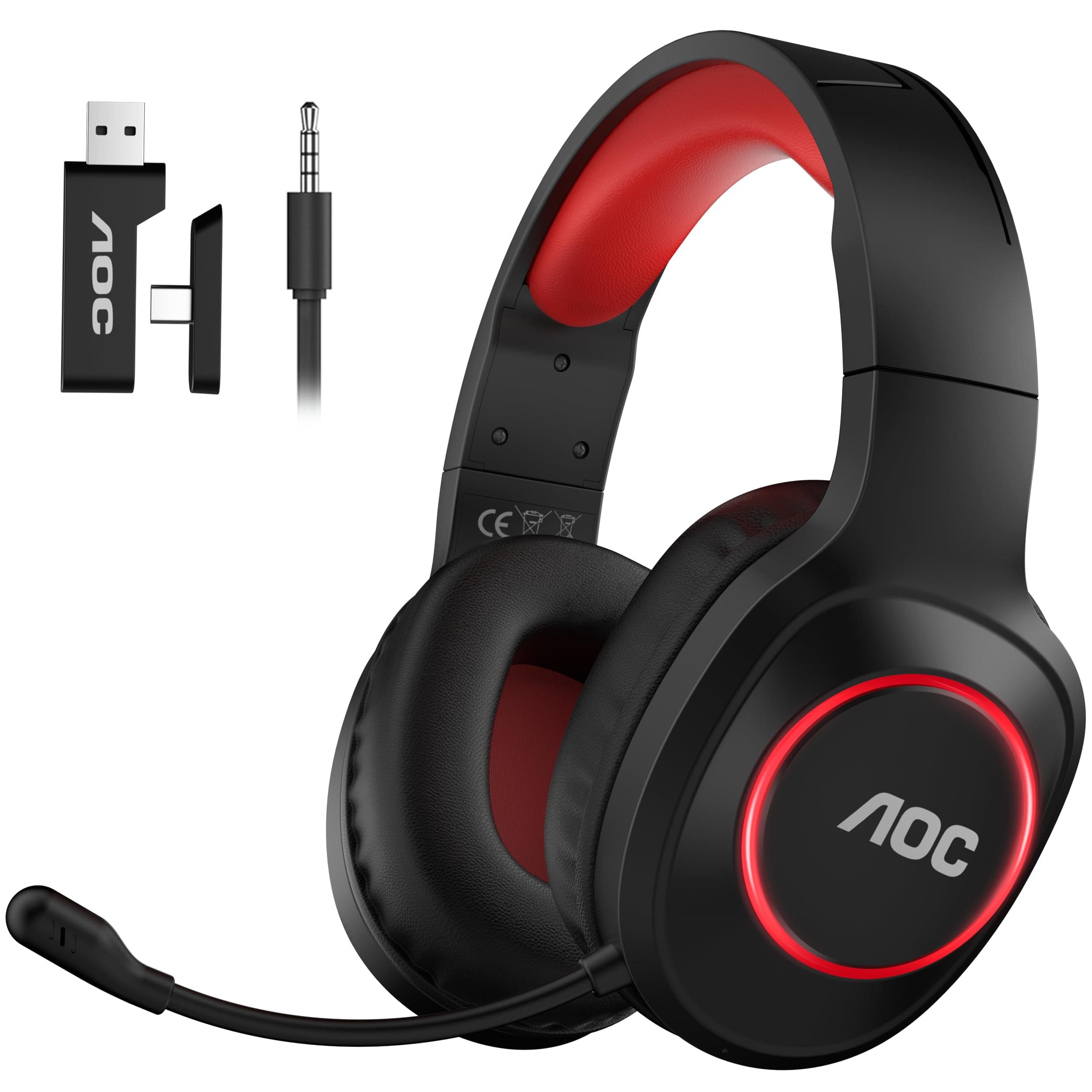 AOC Gaming Headset kabellos für PC, PS5, PS4, Switch, 2,4 GHz Wireless Headset mit Bluetooth 5.4 & Kabel, 7.1 Surround Sound, Noise Cancelling Mikrofon, 239 g leicht, 45 Std. Akku Red 3,5 mm Klinke Angebot bei HelloDeals