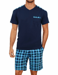 Litherday Schlafanzug Herren Kurz Sommer Baumwolle Pyjama Set Kurzarm Shorty Zweiteiliger T-Shirt Schlafanzughose Loungewear für Männer Marineblau&hellblau XL Angebot bei HelloDeals