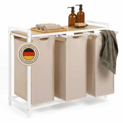 Blumtal Wäschesammler 3 Fächer Creme - Wäschekorb mit Ablage in Bambus-Optik - Wäscheschrank mit Metall-Rahmen in Weiß - Wäschekorb mit Beinen - Wäschetrenner 3 Fächer - Wäsche sortieren Creme + Bambus 3 Fächer Angebot bei HelloDeals