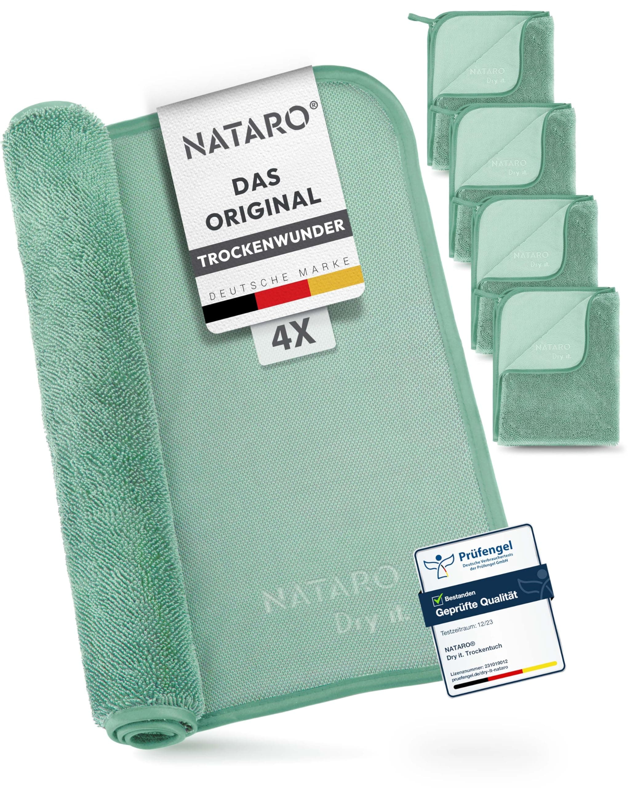 NATARO® 4 Stück Fast Dry it. Premium Trockentuch für Duschkabine, Auto, Haushalt, Camping – DAS ORIGINAL – extra saugfähiges Microfasertuch, fusselfrei, kratzfrei Shiny Wipes Tücher 40x50cm 4er Pack 40x50 cm Mint Angebot bei HelloDeals
