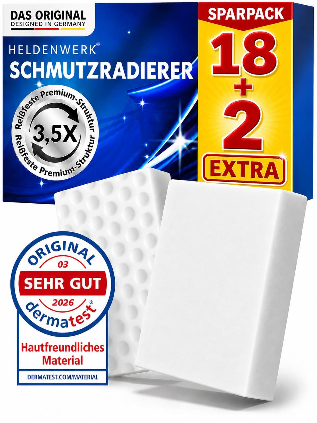 HELDENWERK® Schmutzradierer [18+2 EXTRA] Premium Radierschwamm für hartnäckige Flecken – Magic Eraser & Zauberschwamm für Wand, Küche, Bad & Sneaker – extra langlebig Angebot bei HelloDeals