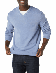 Amazon Essentials Herren V-Ausschnitt Pullover aus Baumwolle, Normale Passform XL Staubblau Angebot bei HelloDeals