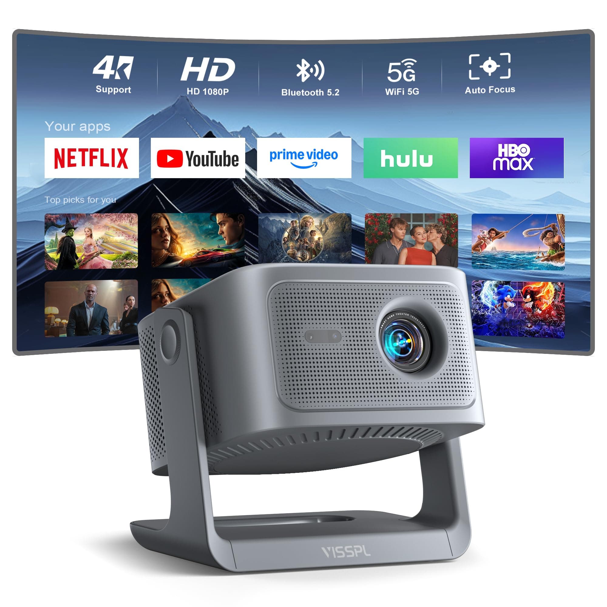 [30000Lumen & Offiziell lizenzierte App] Smart Beamer 4K Heimkino, VISSPL 3D Dolby Audio und Autofokus Outdoor Projektor Handy, WiFi6 Bluetooth Video Projektor mit 360° verstellbarem Standfuß(Grau) Angebot bei HelloDeals