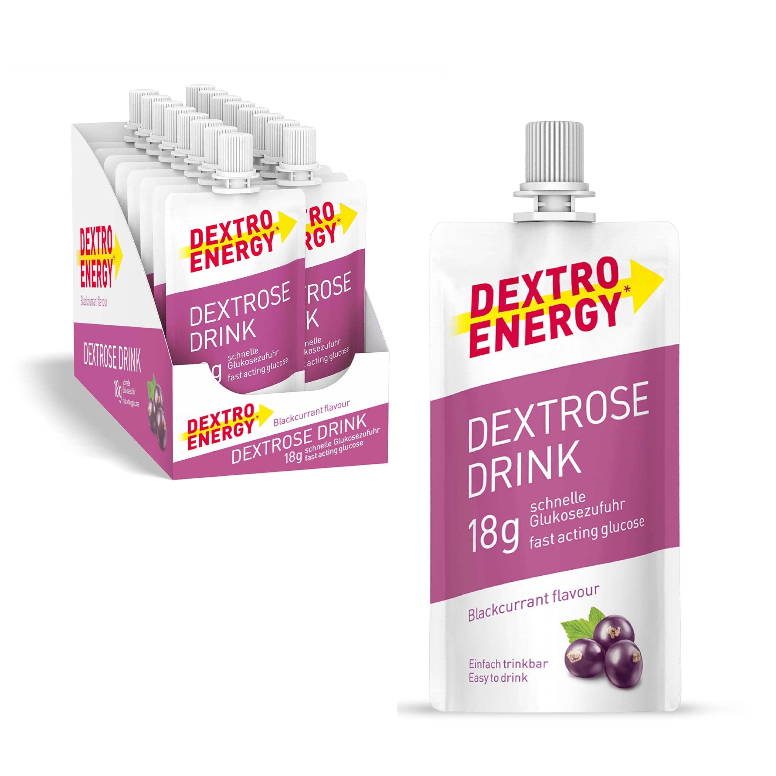 Dextro Energy Dextrose Drink Blackcurrant Flavour - 16x50ml (16er Pack) - Flüssiger Traubenzucker, 18g Glukosezufuhr, 24g Kohlenhydrate, ohne Fruktose, für Unterwegs, Sport & Alltag Angebot bei HelloDeals