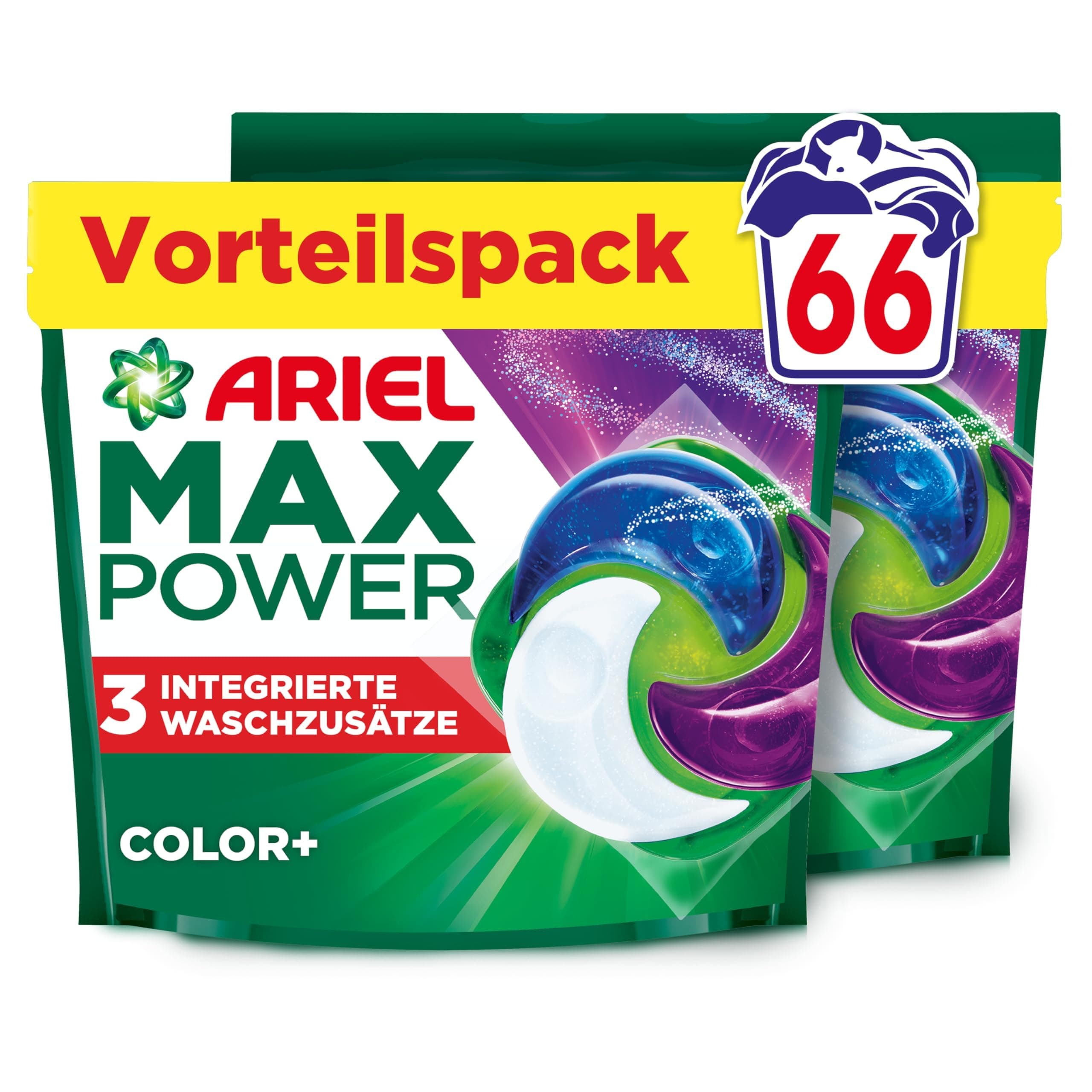 Ariel Max Power PODS, Flüssigwaschmittelkapseln 66 Wäschen, Color+, Mit 3 integrierten Waschzusätzen Angebot bei HelloDeals