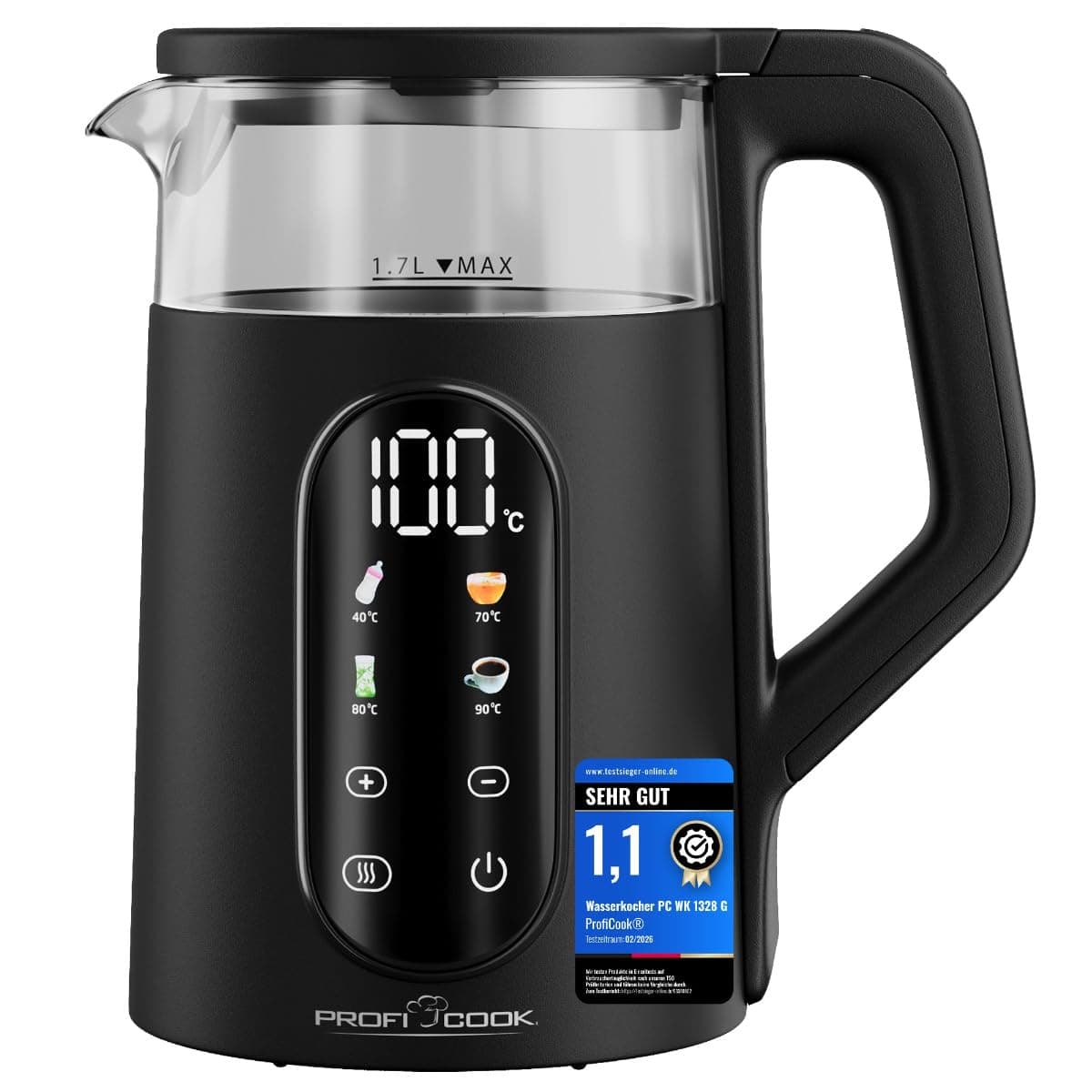 ProfiCook® Wasserkocher mit Temperatureinstellung | 40-100°C | 1,7L | Schnellstartfunktion | 2200W | Glasbehälter wärmeisoliert | Warmhaltefunktion | Einhandbedienung | BPA frei | PC WK 1328 G Angebot bei HelloDeals