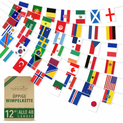 Premium Wiederverwendbare Fussball WM 2026 Fanartikel - Alle 48 Länderflaggen WM Deko 2026, Weltmeisterschaft Wimpelkette - Aus dem TV bekannt, 100% Premium-Polyester (12m, 48 Länder-Flaggen) Länderflaggen (12m, 48 Flaggen) Angebot bei HelloDeals