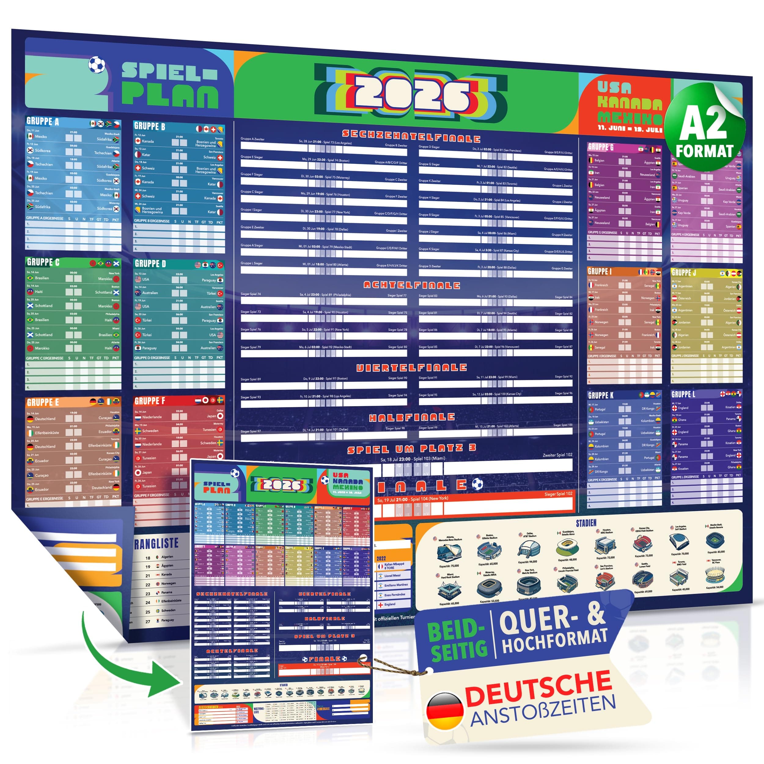 Premium WM Spielplan 2026 Poster - A2 WM Planer 2026 - 2-in-1 Doppelseitig: Für Wand oder Tür – Alle 104 Spiele, Deutsche Anstoßzeiten, Stadien, Weltranglisten und Mehr (84 x 60 cm, gefaltet) Angebot bei HelloDeals
