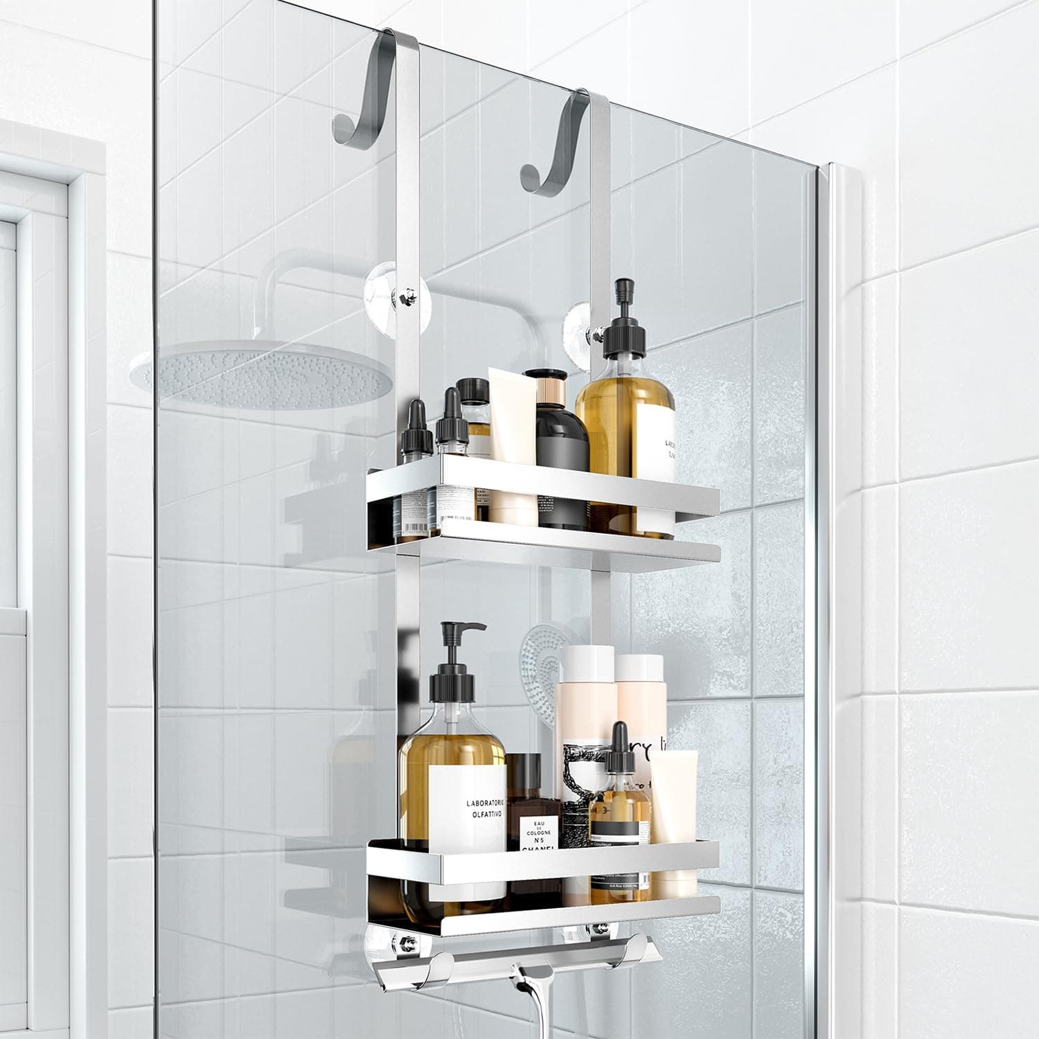 Duschablage ohne Bohren Badezimmer Organizer, Badregal Duschregal ohne Bohren, Duschablage zum Hängen für Glasduschtüren, Duschregal zum Hängen Shampoo Halterung für Dusche Silber Silber B Angebot bei HelloDeals