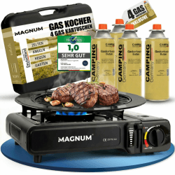Magnum® Gaskocher [inkl. 4x Gaskartuschen + Grillplatte] - robuster Campingkocher mit Gaskartusche [Notfall Ausrüstung] – Gaskocher mit Kartusche 1-flammig – Campingkocher mit Piezozündung Angebot bei HelloDeals