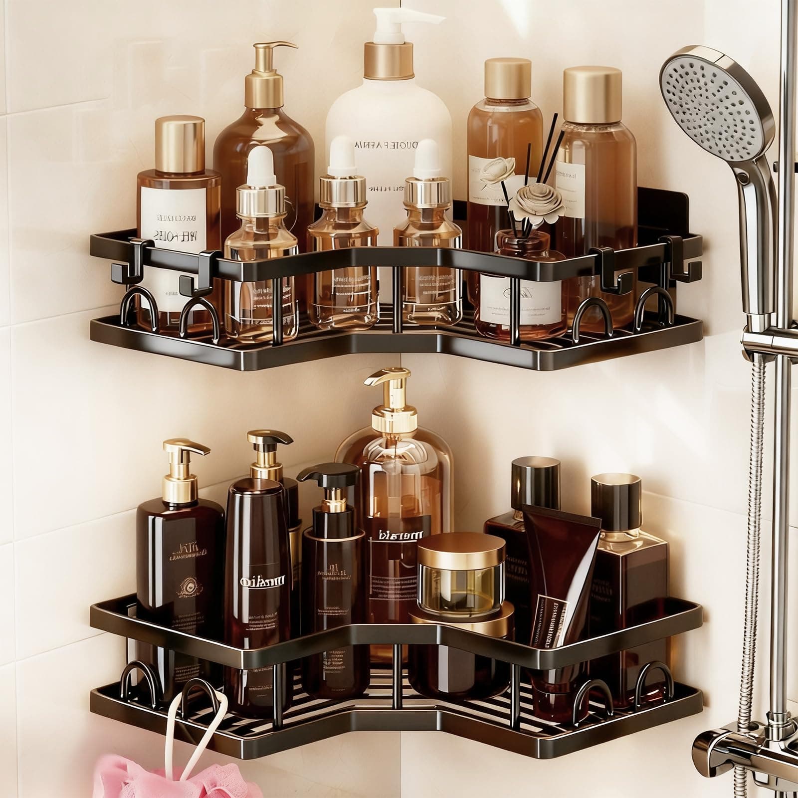 [2 Stück] Duschablage Ohne Bohren Ecke, Langlebige Edelstahl Rostfreies Badezimmer Organizer Regal großer Kapazität schnell Trocknende Badregal Halterung mit 4 Haken für Shampoo Duschel Küche, Schwarz Angebot bei HelloDeals