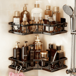 [2 Stück] Duschablage Ohne Bohren Ecke, Langlebige Edelstahl Rostfreies Badezimmer Organizer Regal großer Kapazität schnell Trocknende Badregal Halterung mit 4 Haken für Shampoo Duschel Küche, Schwarz Angebot bei HelloDeals
