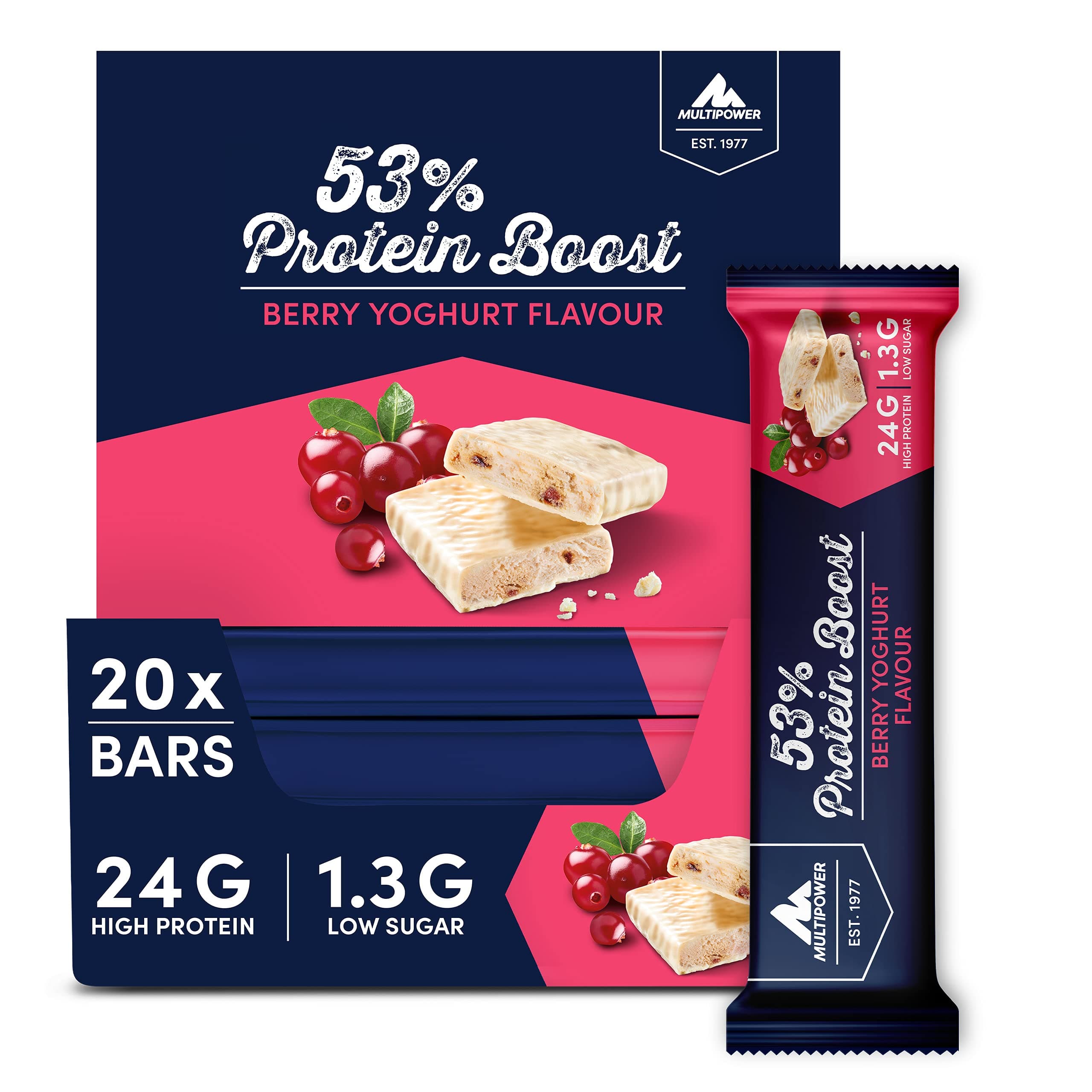 Multipower 53% Protein Boost – 20 x 45 g Protein Riegel Berry Yoghurt mit 53% hochwertigem Protein – 24 g Eiweiß und 1,6 g Zucker je Eiweißriegel Angebot bei HelloDeals