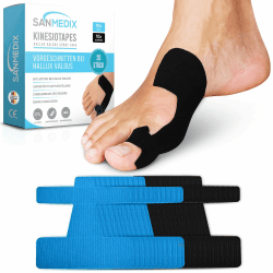 Hallux Valgus Kinesiotape – 20 vorgeschnittene Sport & Physio Tapes für Zeh und Fuß – Precut Kinesiologie Tape bei Ballenzehen, hautfreundlich und latexfrei (Schwarz + Blau, 20 Stück) 20 Stück Schwarz + Blau Angebot bei HelloDeals