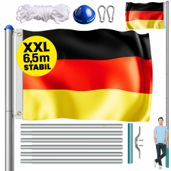 MONZANA® Fahnenmast 6,5m Seilzug Bodenhülse inkl. Deutschland Flagge Deutschlandfahne Fahne höhenverstellbar Flaggenmast Aluminium Teleskop Fahnenstange Angebot bei HelloDeals