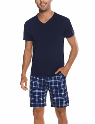 Bresdk Kurzer Herren-Pyjama aus Baumwolle, kurzärmelig, Set aus kurzen Pyjamas, für den Sommer, Hemden und Hosen, weich und bequem XL Dunkelblau Angebot bei HelloDeals