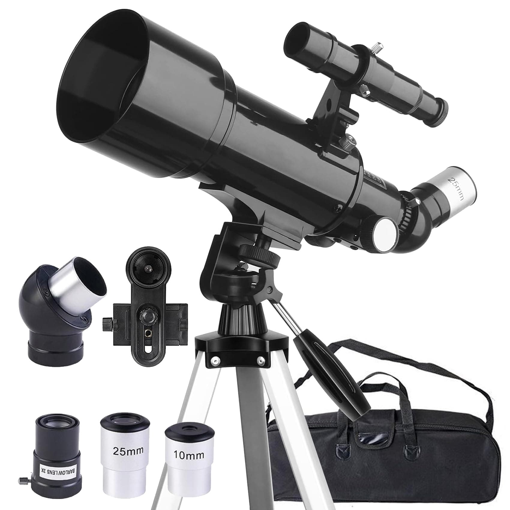 Teleskop, inkl. Linsen, Handyhalterung, Tragetasche 70mm Aperture 400mm Refraktor Teleskope für Anfänger & Kinder, Tragbares Stativ Astronomie Erwachsene Fernrohr Telescope (Schwarz) 40070 Schwarz Angebot bei HelloDeals
