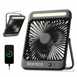 Warmco 20000mAh Akku Camping Ventilator Leise 27cm mit Lampe, 15-48 Std. Laufzeit, Ultraflach, Display, Haken, USB Tischventilator für Zelt, Outdoor, Reisen, Büro, Wohnmobil, Schlafzimmer Schwarz Angebot bei HelloDeals