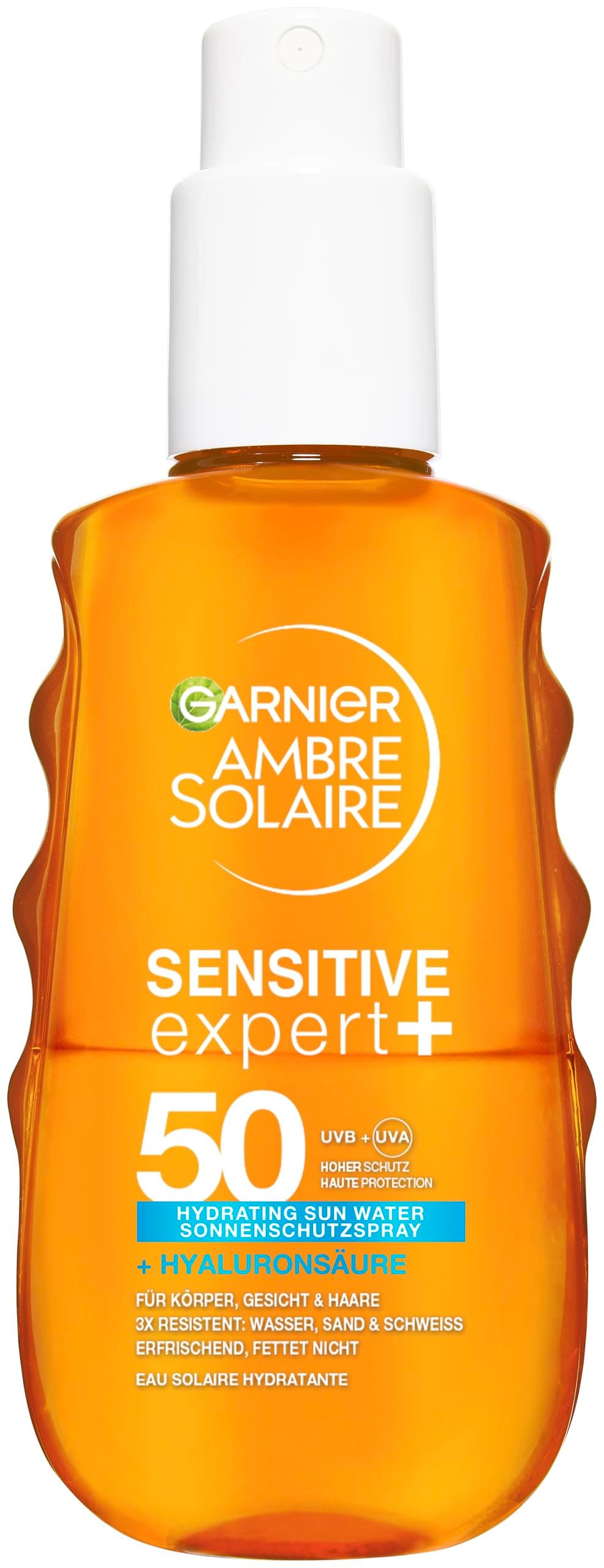Garnier Ambre Solaire Sensitive Expert + Hydrating UV Water Sonnenschutzspray LSF 50 – Sonnen-Spray für Körper, Gesicht, Kopfhaut & Haare – Wasserfest, sandresistent & nicht fettend – 150ml 150 ml (1er Pack) Wasserfest, sandresistent & nicht fettend – 150 Angebot bei HelloDeals