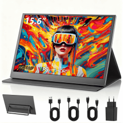 Monitor Portable 15,6 Zoll FHD 1080p IPS Entspiegelt | USB-C & Mini HDMI | Integrierte Lautsprecher & Schutzhülle mit Ständer | Zusatzbildschirm (Grau) Angebot bei HelloDeals