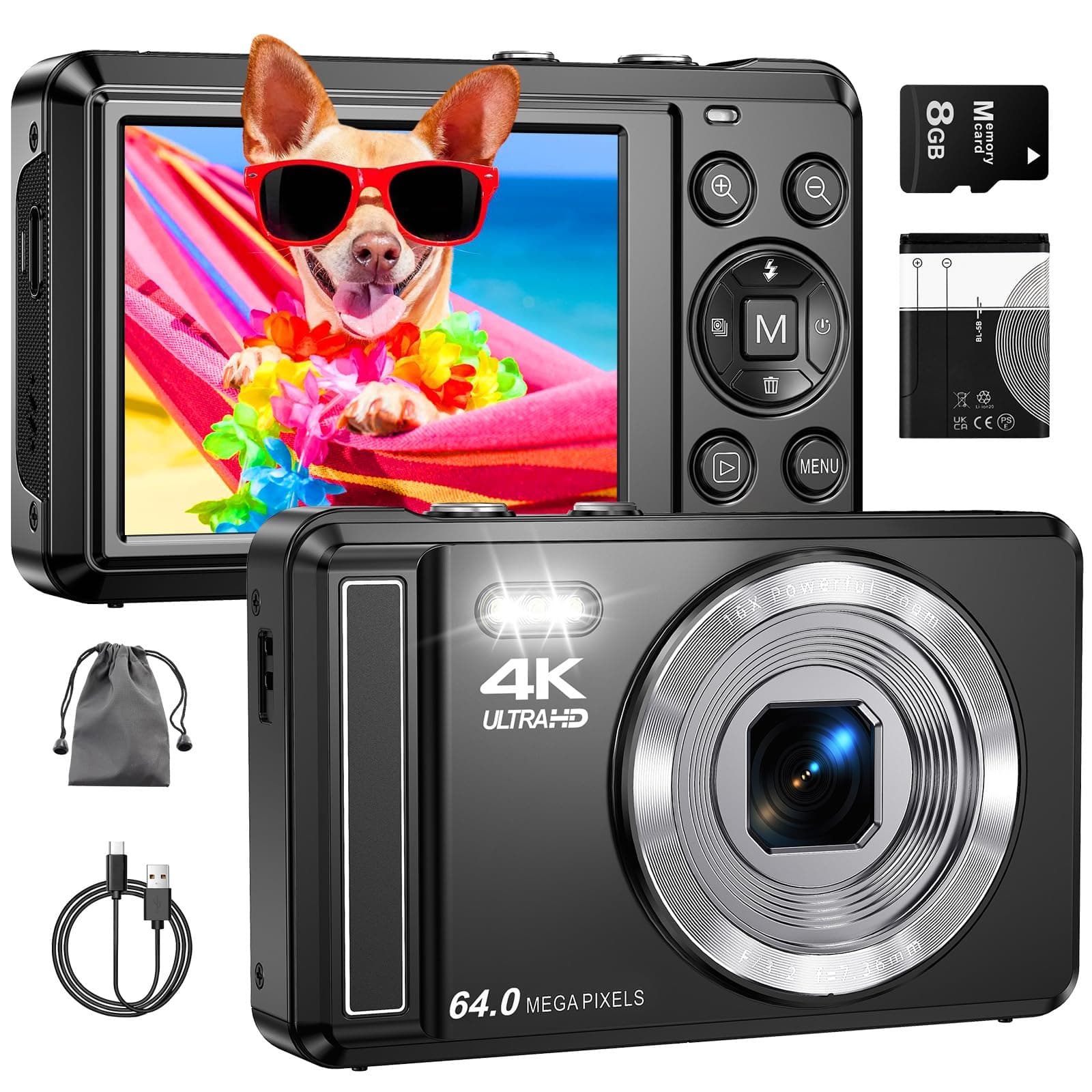 4K 64MP Digitalkamera mit Mikro-SD-Karte, Autofokus Fotoapparat mit 16X Digitalzoom Tragbar Kompaktkamera mit 1200mAh Batterie, USB-Kabel, für Teenager Erwachsene Anfänger Kompakt Schwarz Angebot bei HelloDeals