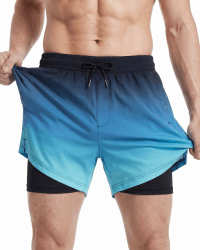 MaaMgic Herren Badehose mit Kompression Badeshorts 2 in 1|14cm Innenlänge Schnelltrocknend lässige Swim Shorts Kurz Boardshorts mit Innenhose Reißverschlusstasche XS-XXL L 5.5 Farbverlauf Eisblau Angebot bei HelloDeals