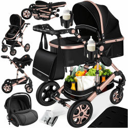 KESSER® Loops 4 in 1 Kinderwagen Kombikinderwagen Komplett-Set inkl. Babywanne & Buggy Sportsitz & Auto-Babyschale Voll-Gummireifen Wickeltasche Regenschutz Kindertisch ECE R129, Schwarz/Rosé Gold Schwarz / Rosé Gold Angebot bei HelloDeals