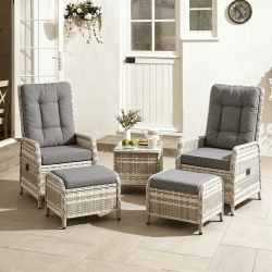 5-teiliges Rattan-Gartenmöbel-Set, Terrassen-Gesprächssets mit 2 Stühlen, 2 Fußhockern und 1 Tisch, verstellbaren Rückenlehnen und weichen Kissen, für Terrassen, Gärten und Innenhöfe, grau Angebot bei HelloDeals