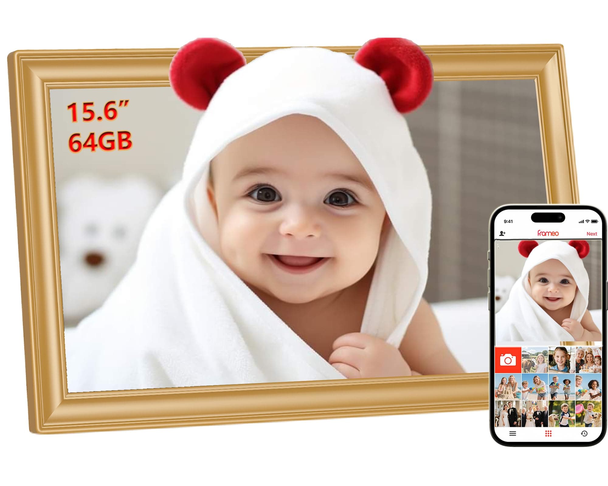 64GB FRAMEO 15,6 Zoll Digitaler Bilderrahmen - 1920 * 1080P FHD IPS Touchscreen Digitale Bilderrahmen, Auto Rotation Elektronischer Fotorahmen, Teilen Sie Fotos/Videos Sofort 15,6 Gold Angebot bei HelloDeals