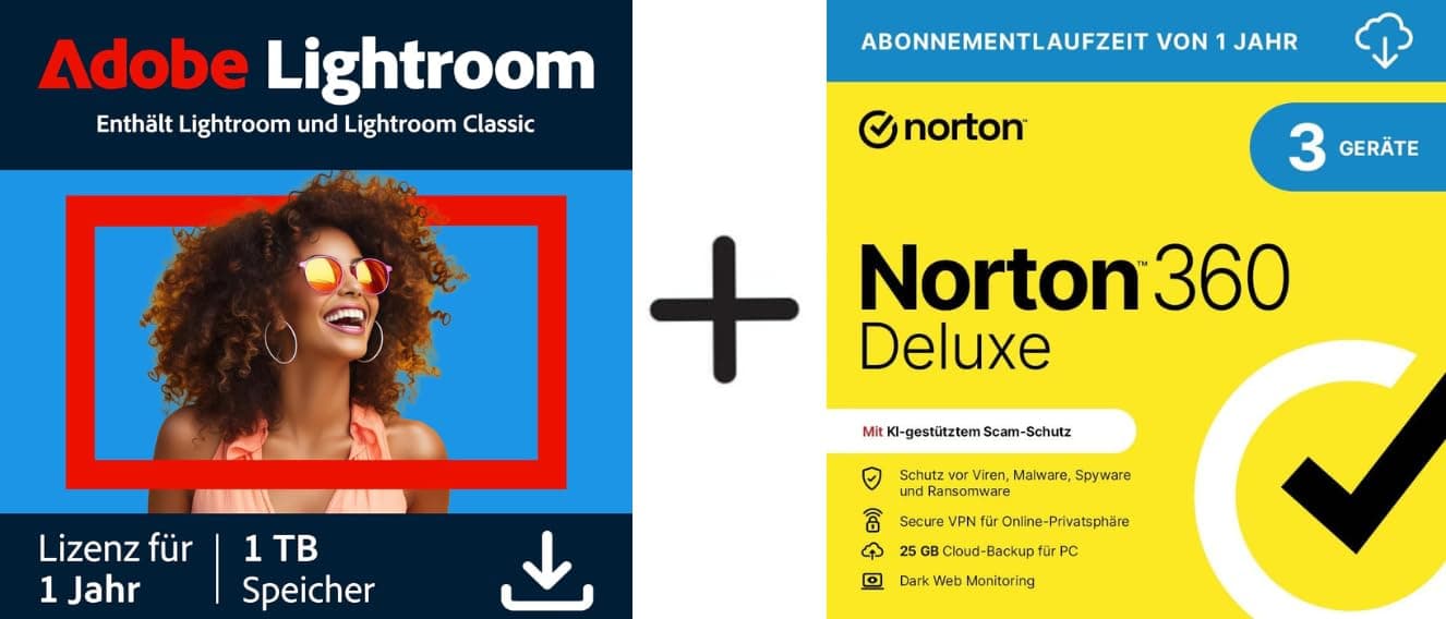 Adobe Lightroom inkl. Lightroom Classic 1 TB |KI-gestützter Foto-Editor |1 Jahr + Norton 360 Deluxe 2026 | 3 Geräte | 1-Jahres Abonnement mit automatischer Verlängerung | Aktivierungscode per Email Angebot bei HelloDeals