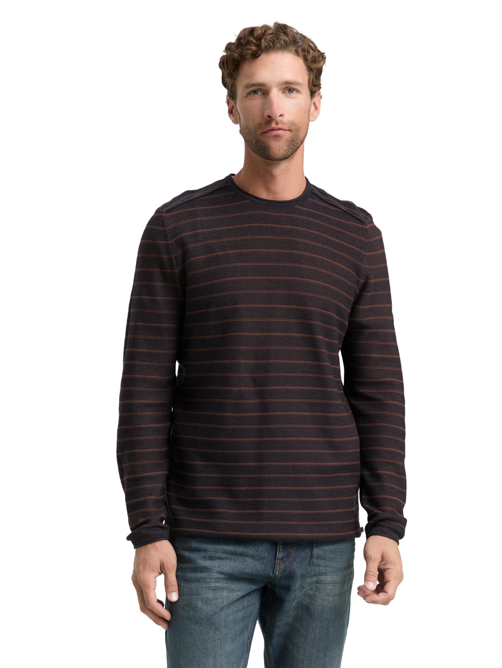 TOM TAILOR Herren Strickpullover mit Rundhalsausschnitt S 39195 - Dark Brown Navy Stripe Angebot bei HelloDeals