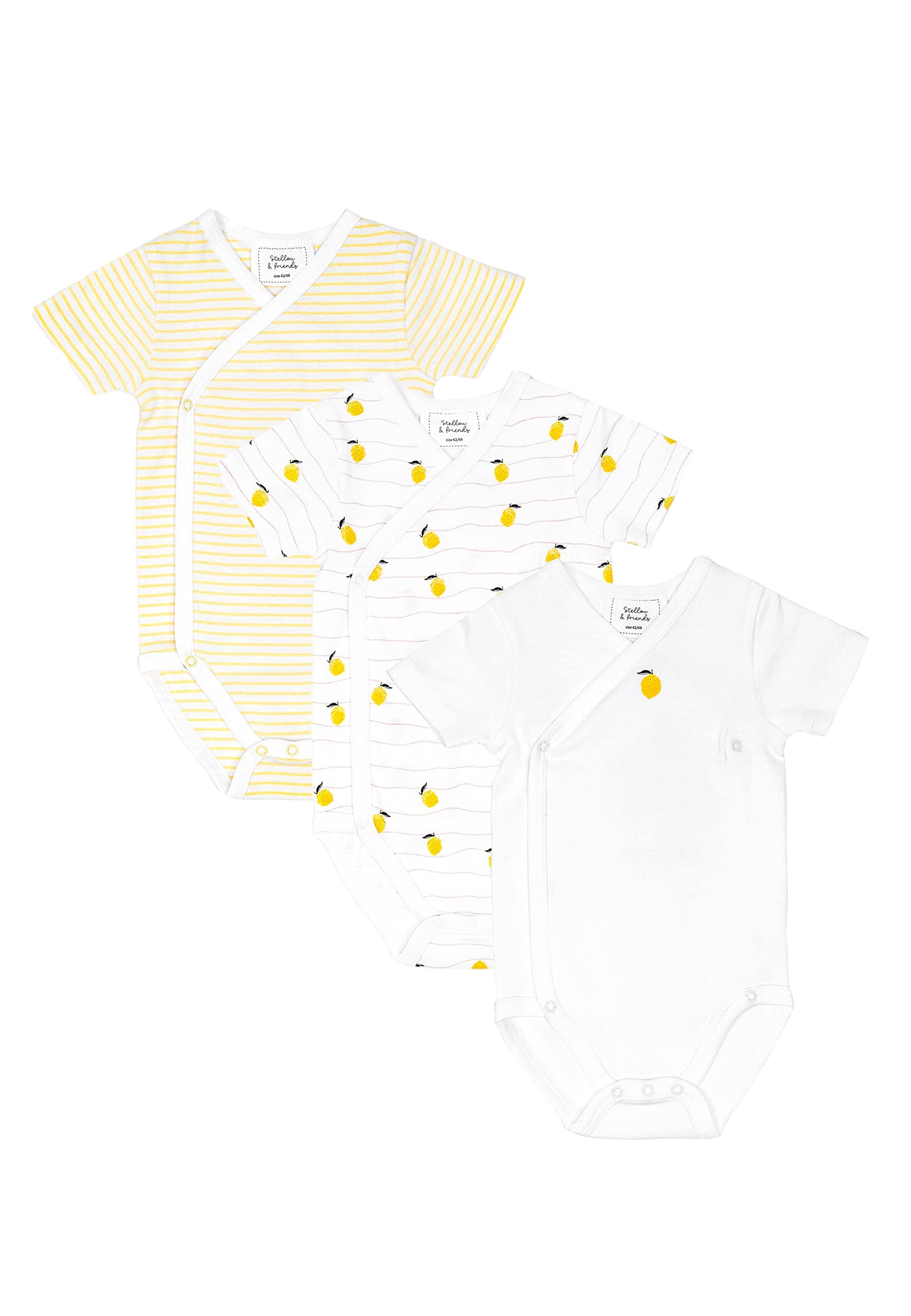 Stellou & friends Baby Body, 100% Bio-Baumwoll Wickelbody 3er MultiSet, kuschelweiche und hochwertige Kinder Kleidung für Jungs und Mädchen, Langarm & Kurzarm-body, OEKO-TEX 100 Zertifiziert 62-68 Gelb-Weiß Angebot bei HelloDeals