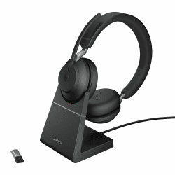 Jabra Evolve2 65 Wireless PC Headset with Charging Stand – Noise Cancelling Microsoft Teams Certified Stereo Headphones with Long-Lasting Battery – USB-A Bluetooth Adapter – Black Schwarz Stereo Zeitgenössisch Optimiert für Microsoft Teams Angebot bei HelloDeals