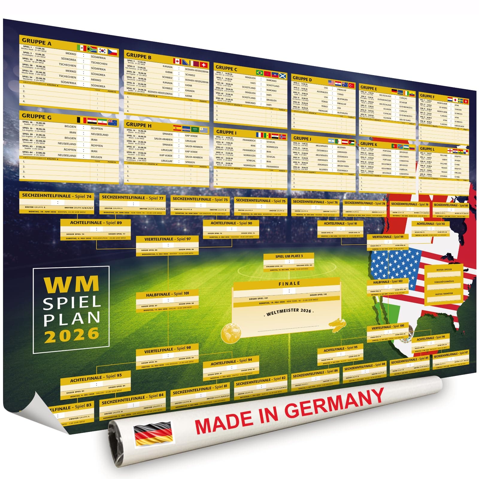 Hetcher Tech DIN A0 Spielplan Poster gerollt Fussball WM 2026 USA, Mexiko, Kananda - Maxi Planer zum selbst eintragen - XXL Poster 118,9cm x 84,1cm inkl. Tabellen - WM Fanartikel WM 2026 USA/Kanada/Mexiko Angebot bei HelloDeals