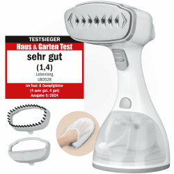 LEBENLANG Steamer Dampfglätter TESTSIEGER - 1500W & 300ml inkl. Bügelhandschuh & Aufsätze I Pro Dampfsteamer für Kleidung & Clothing I Dampfbügeleisen Stiemer Bügeleisen Hand held steam iron - Weiß Angebot bei HelloDeals