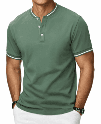 HMIYA Poloshirt Herren Kurzarm Atmungsaktiv Baumwolle Sommer Henley Knopfleiste Kontrastierender Einfassung Basic Golf T-Shirts XL Grün Angebot bei HelloDeals