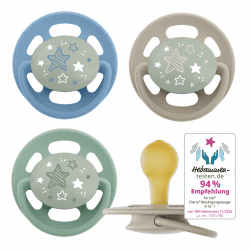 nip - Cherry Green Night | 0-6 Monate | 4er Pack | Kirschform | Stillfreundlicher, kiefergerechter Babyschnuller. Leuchtet im Dunkeln. Nachhaltiger Schnuller aus natürlichen Rohstoffen, Blau/Grün blau/grün Größe 1 (0-6 Monate) Angebot bei HelloDeals