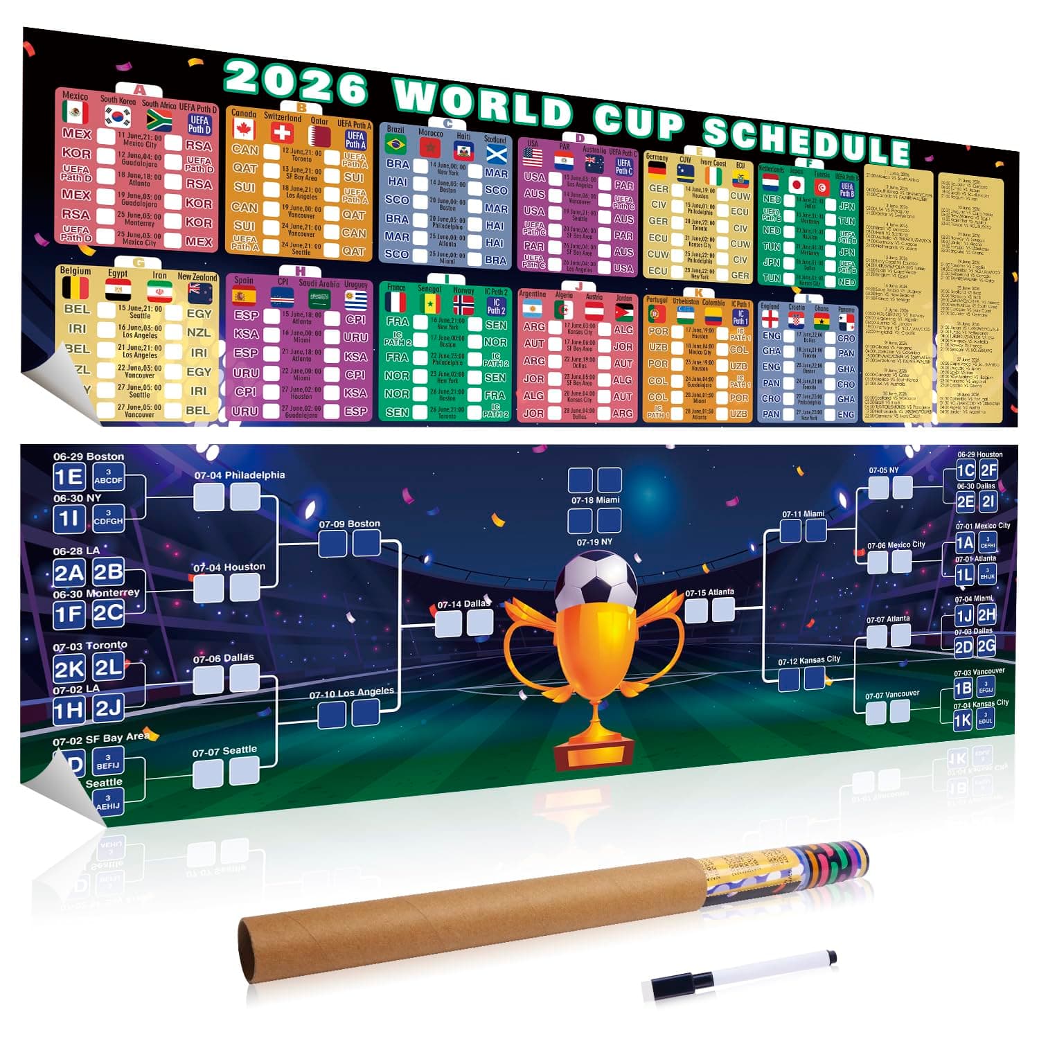 WM Spielplan 2026 Poster für Deko Fußball WM 2026 | Fussball Planer | Enthält 42 Mannschaften Gruppen Knockout Termine & Austragungsorte | Wandplan für Heim & Bar | Gerollt (2 Stück, 30x90CM) Angebot bei HelloDeals