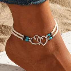 Böhmisches Strand-Fußkettchen, Reisperlen, vielseitig, doppellagig, türkisfarbenes Herz, Fußschmuck für Damen (weiß) Angebot bei HelloDeals